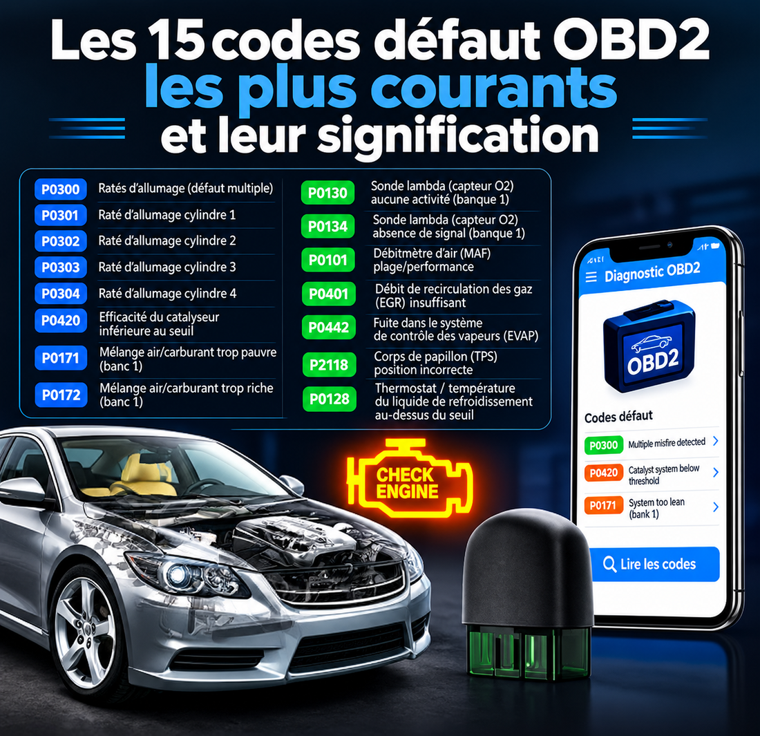 Les 15 codes défaut OBD2 les plus courants (P0300, P0420, P0171…) et leur signification